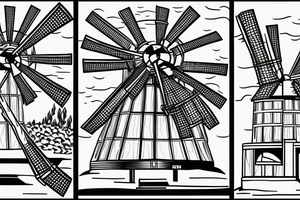 Front-facing view of brutalist windmill with four still blades, three windows and one front door at the bottom of the structure tattoo idea