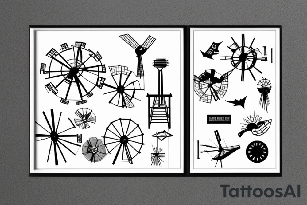 Front-facing view of simple brutalist windmill tattoo idea