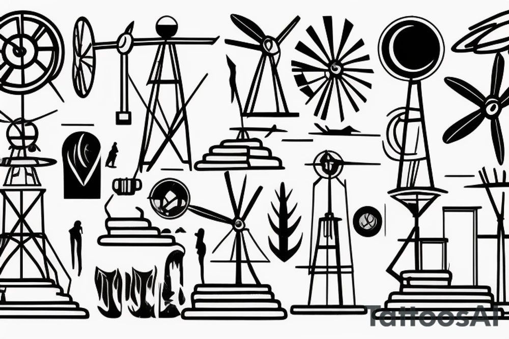 Front-facing view of simple brutalist windmill tattoo idea