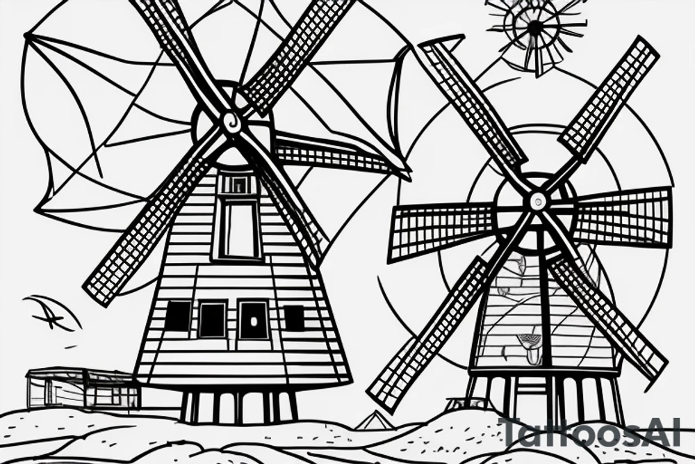 Front-facing brutalist minimalist windmill with four stationary sails which are not moving. The windmill has a front door, one window above the door and two windows either side. The windmill is based on the Red Windmill in Port Elizabeth. tattoo idea