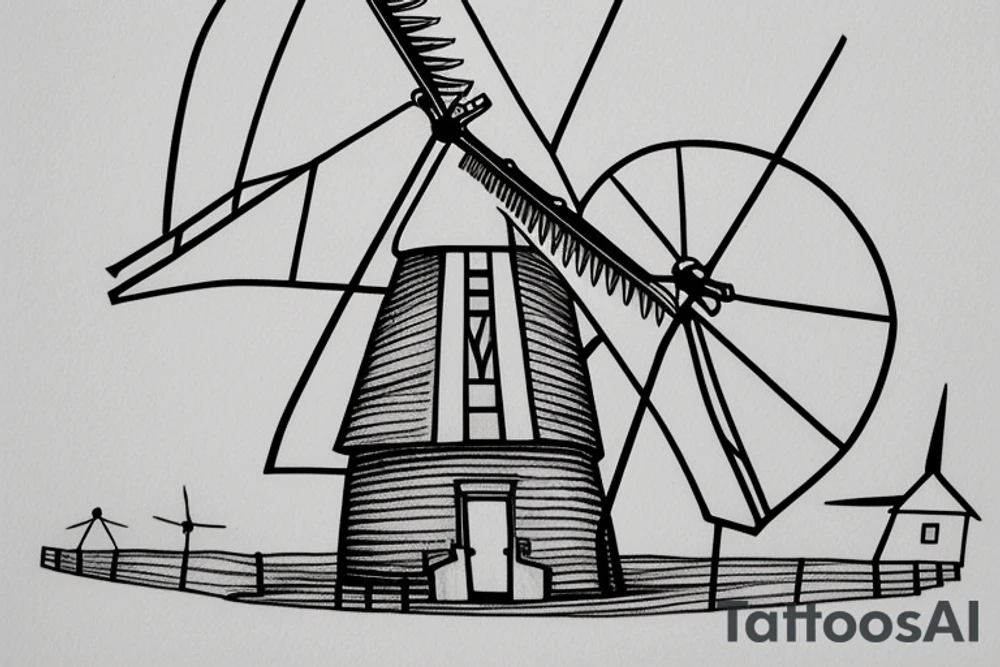 Front-facing brutalist minimalist windmill with four stationary sails which are not moving. The windmill has a front door, one window above the door and two windows either side. The windmill is based on the Red Windmill in Port Elizabeth. tattoo idea