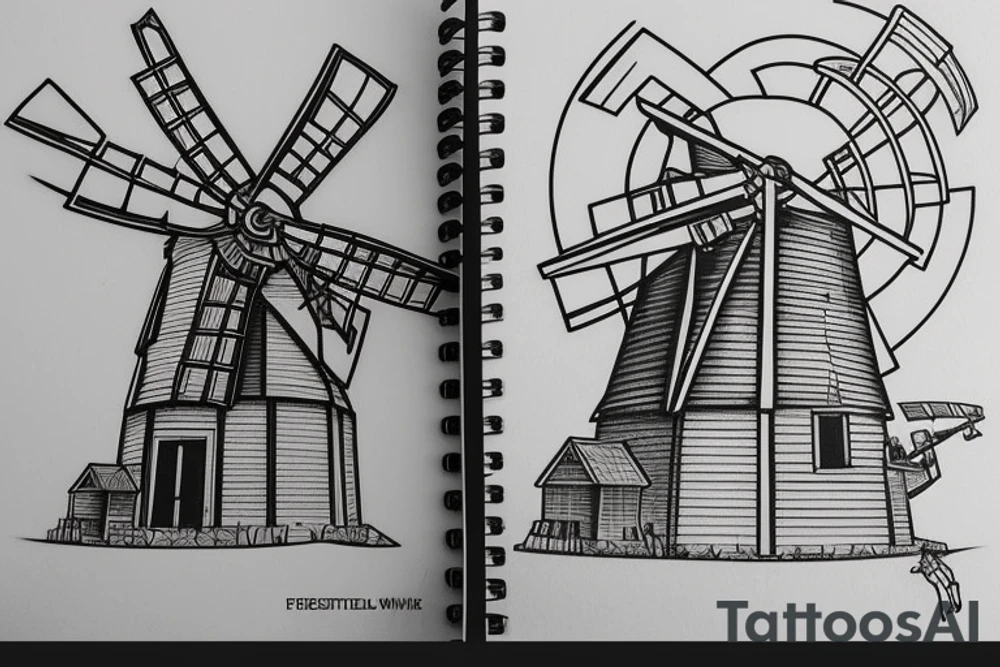 Front-facing brutalist stationary windmill with four stationary blades. The windmill has a front door, with three windows above it. The windmill is based on the Red Windmill in Port Elizabeth. tattoo idea