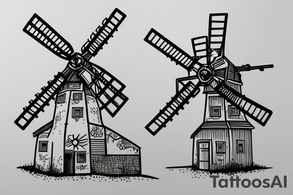 Front-facing brutalist stationary windmill with four stationary blades. The windmill has a front door, with three windows above it. The windmill is based on the Red Windmill in Port Elizabeth. tattoo idea