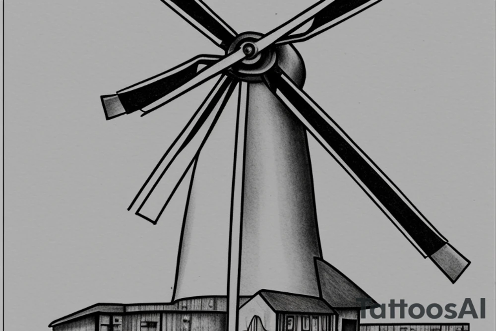 Front-facing brutalist stationary windmill with four stationary blades. The windmill has 6 sides but only three are visible. It has a front door in the bottom centre with three windows above it. The windmill is based on the Red Windmill in Port Elizabeth. tattoo idea