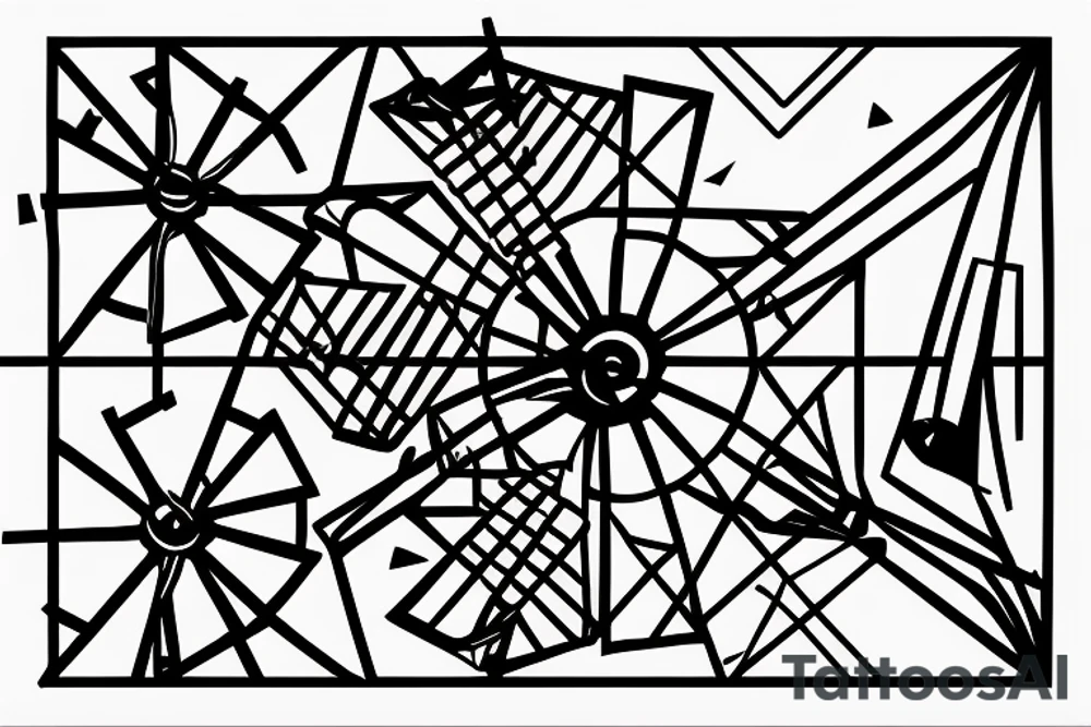 Front-facing brutalist stationary windmill with four stationary blades. The windmill has 6 sides but only three are visible. It has a front door in the bottom centre with three windows above it. The windmill is based on the Red Windmill in Port Elizabeth. tattoo idea