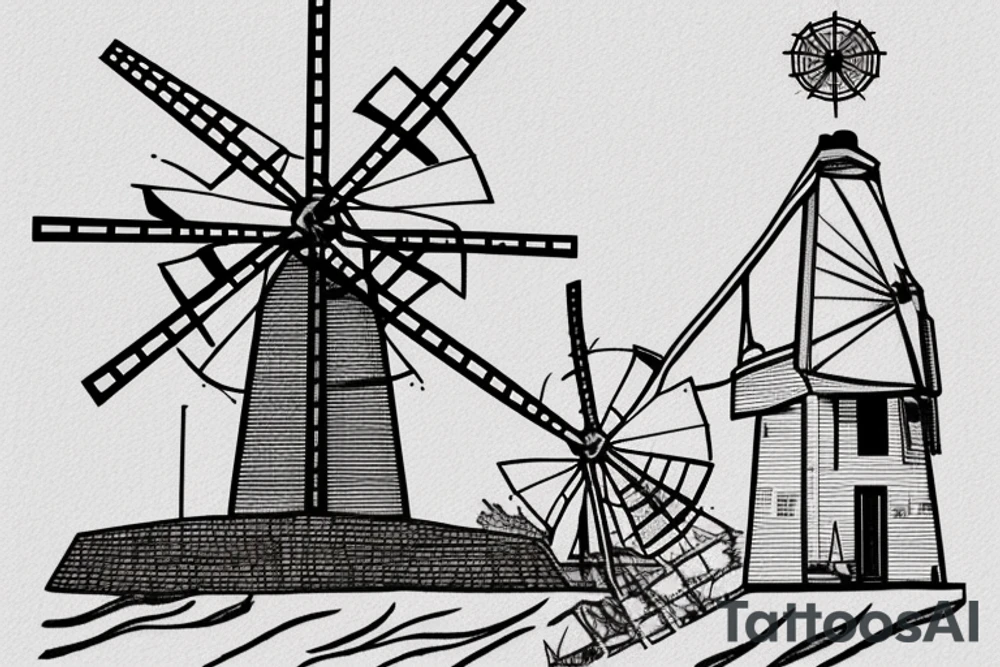 Front-facing brutalist windmill with four stationary equal-length sails. The windmill has a front door in the centre with three windows above it. The windmill’s structure is based on the Red Windmill in Port Elizabeth. tattoo idea