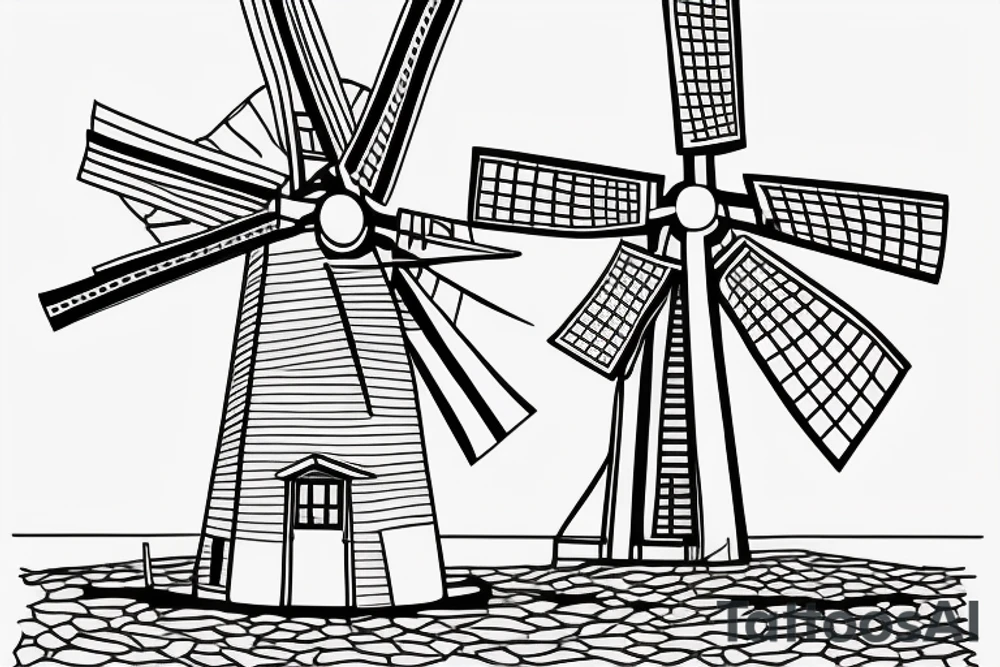 Front-facing brutalist windmill with four stationary equal-length sails. The windmill has a front door in the centre with three windows above it. The windmill’s structure is based on the Red Windmill in Port Elizabeth. tattoo idea