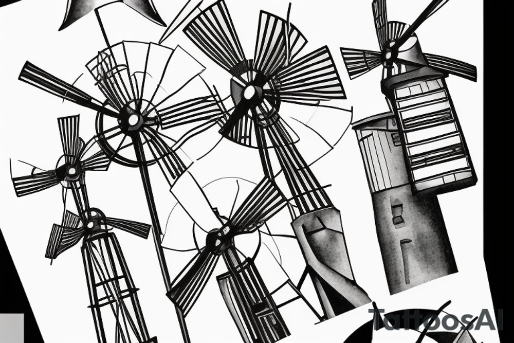 Brutalist windmill with four still blades based on the Red Windmill in Port Elizabeth tattoo idea