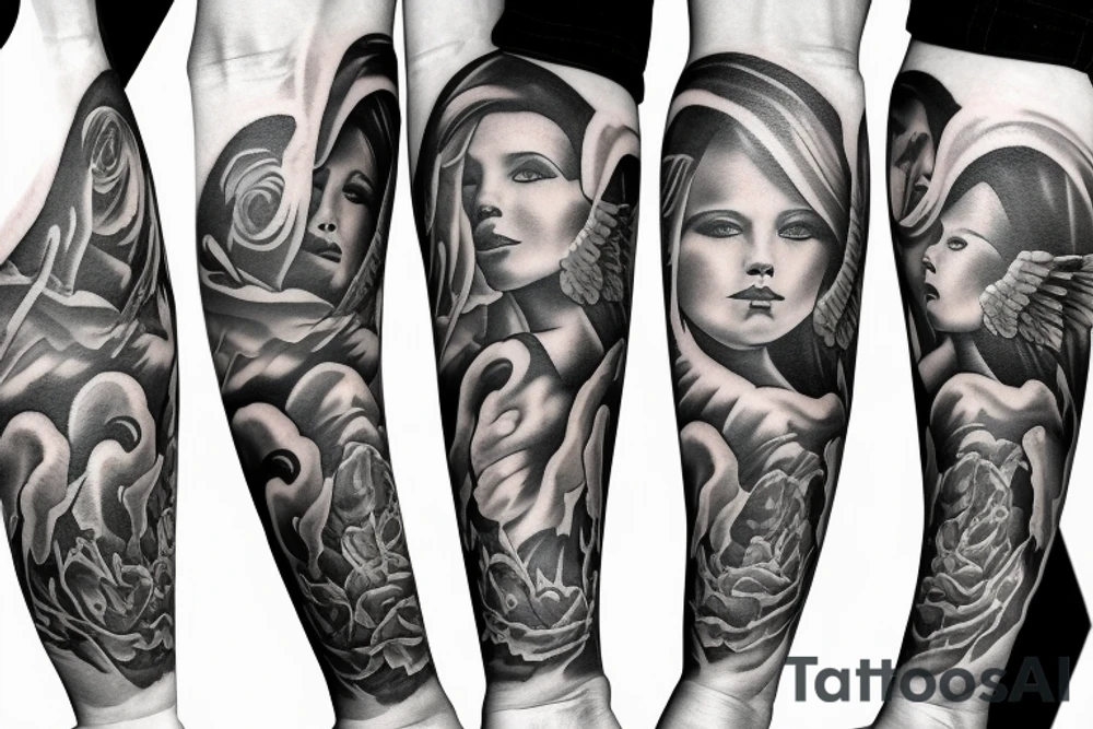 family watching over clouds with angels tattoo idea