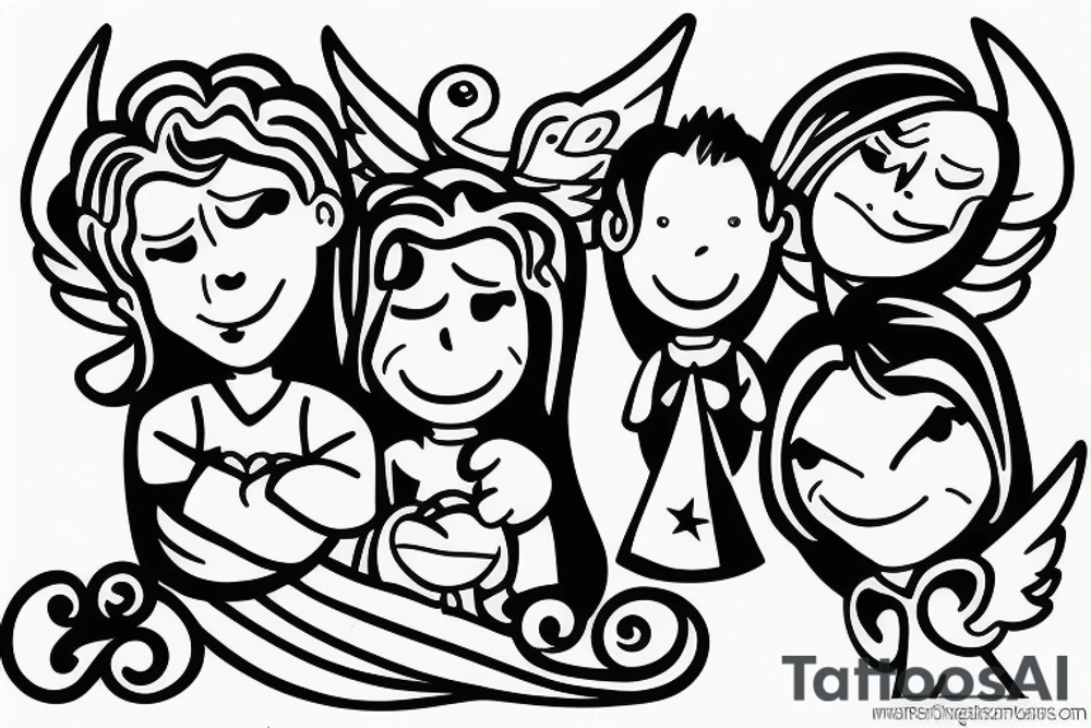 family watching over clouds with angels tattoo idea
