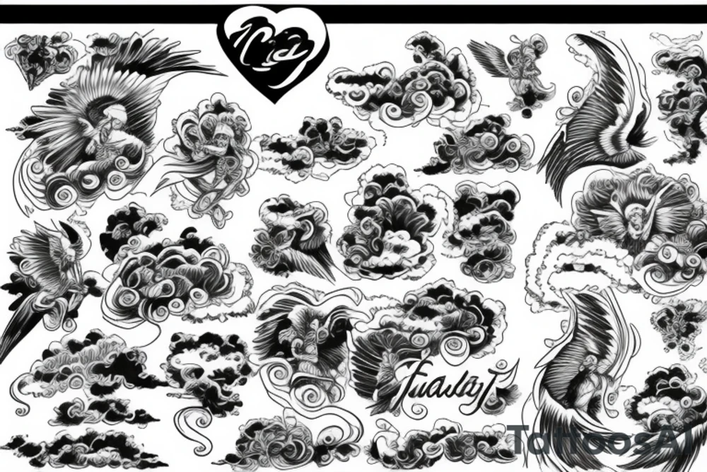 family watching over clouds with angels tattoo idea