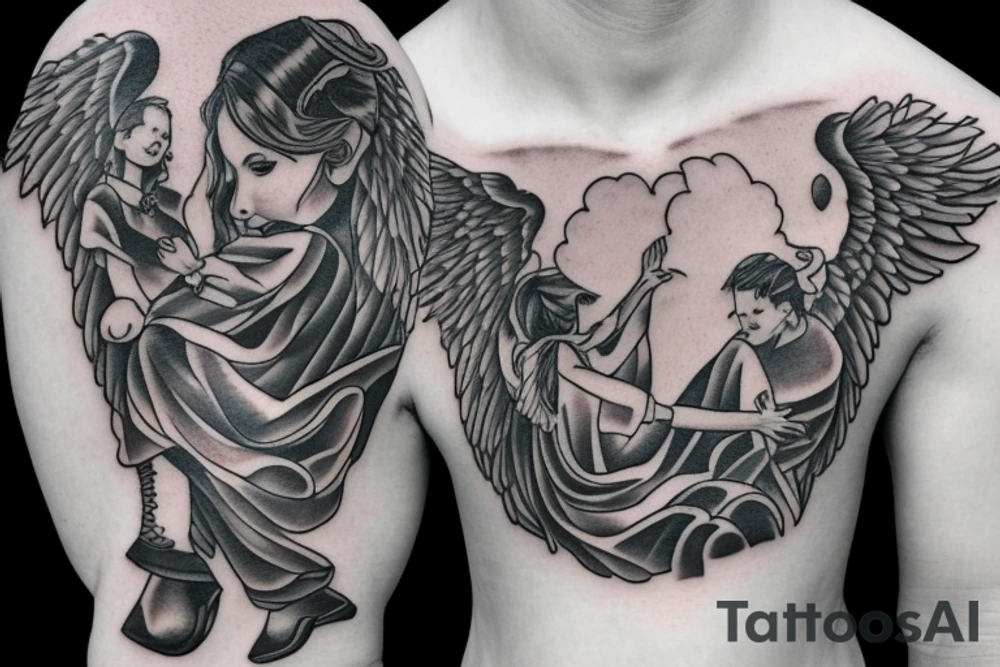family watching over clouds with angels tattoo idea