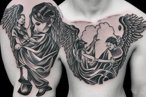 family watching over clouds with angels tattoo idea