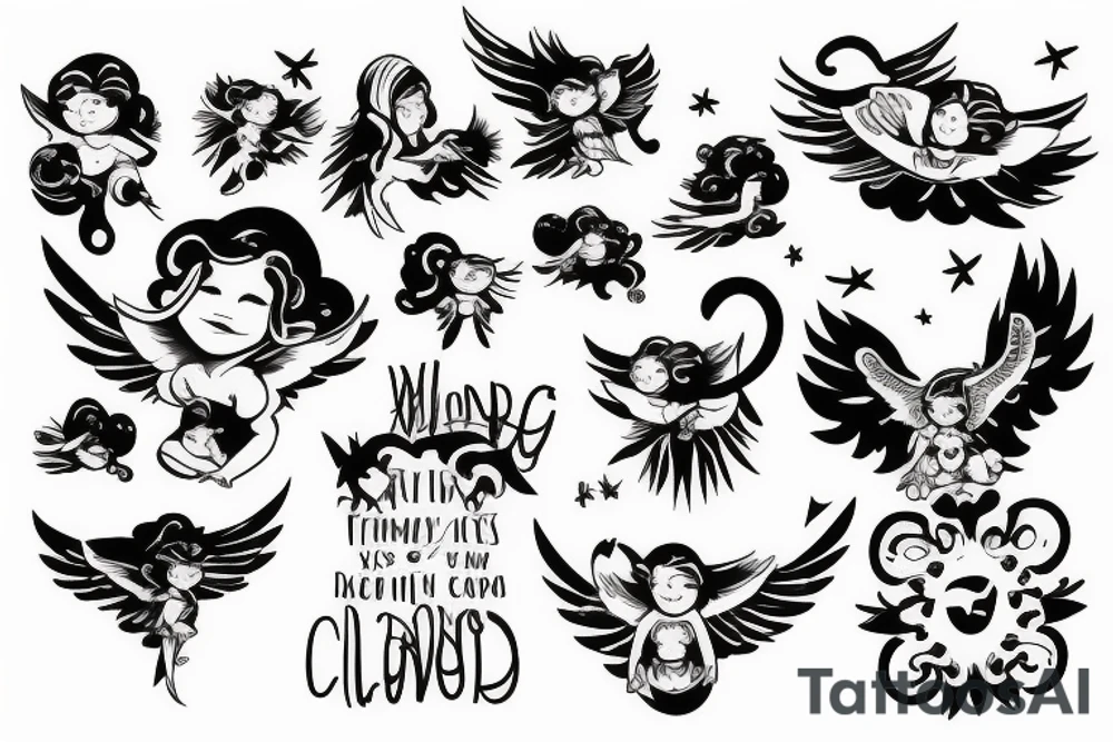 family watching over clouds with angels tattoo idea