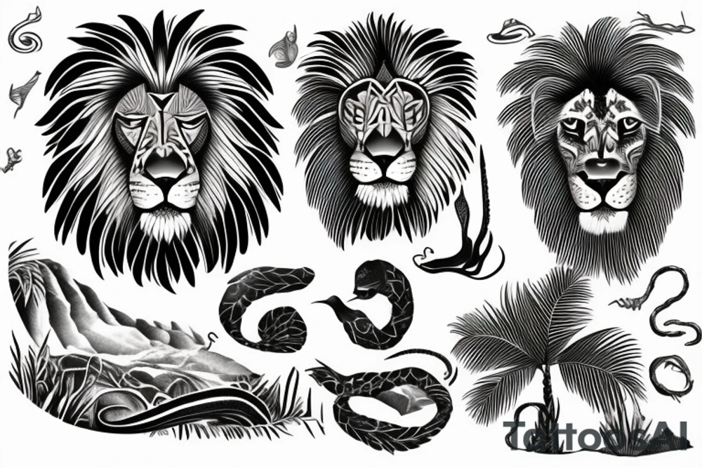 Realistic lion with a sea, palmtrees and maori pakati tattoo idea