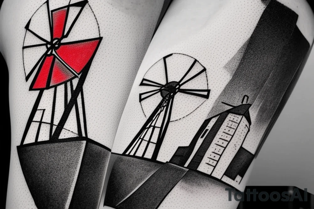 Brutalist windmill based on the Red Windmill in Port Elizabeth. The sails are not moving and should look like an X attached to the brutalist building structure. The building has a front door and three windows above it. tattoo idea