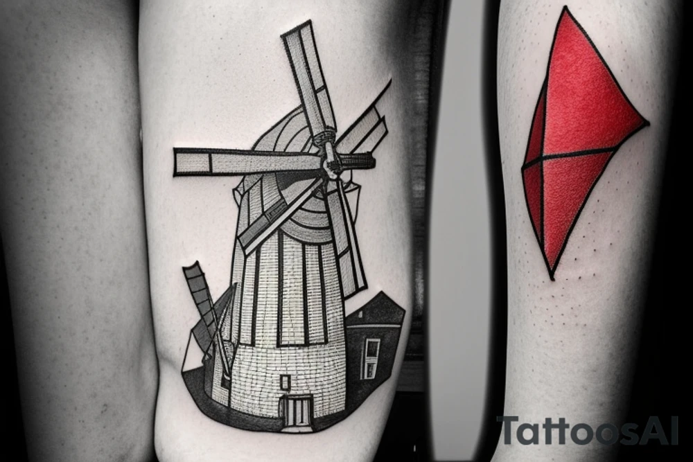 Brutalist windmill based on the Red Windmill in Port Elizabeth. The sails are not moving and should look like an X attached to the brutalist building structure. The building has a front door and three windows above it. tattoo idea