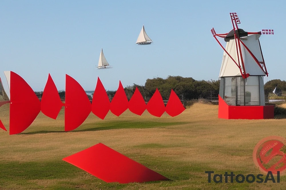This tattoo is based on the Red Windmill in Port Elizabeth. The sails are not moving and should look like an X attached to the hexagonal building. The X should cover 1/2 of the tattoo with the other visible half being the building. The building has a front door and three windows above it. The building style should be brutalist, with clean, modernist lines. tattoo idea