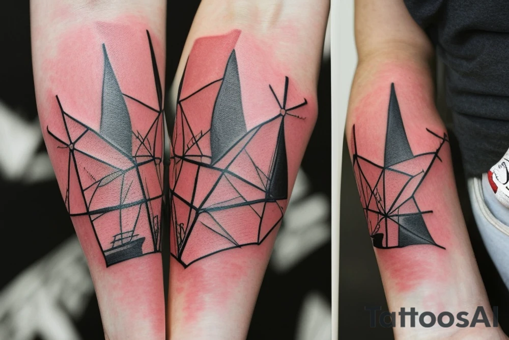 This tattoo is based on the Red Windmill in Port Elizabeth. The sails are not moving and should look like an X attached to the hexagonal building. The X should cover 1/2 of the tattoo with the other visible half being the building. The building has a front door and three windows above it. The building style should be brutalist, with clean, modernist lines. tattoo idea