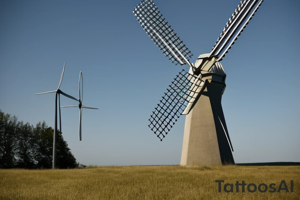 This tattoo is a front-facing view of a brutalist windmill. The blades on the windmill are not moving and should look like an X is attached to the pyramid top of a hexagonal building. The X should cover roughly half of the tattoo. The building has a front door and three windows above it. The building style should be brutalist, with clean, modernist lines. tattoo idea
