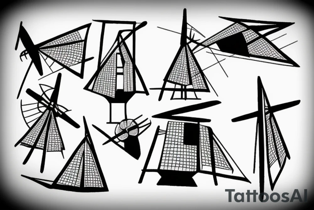 Modernist windmill with four still blades in x-shape tattoo idea