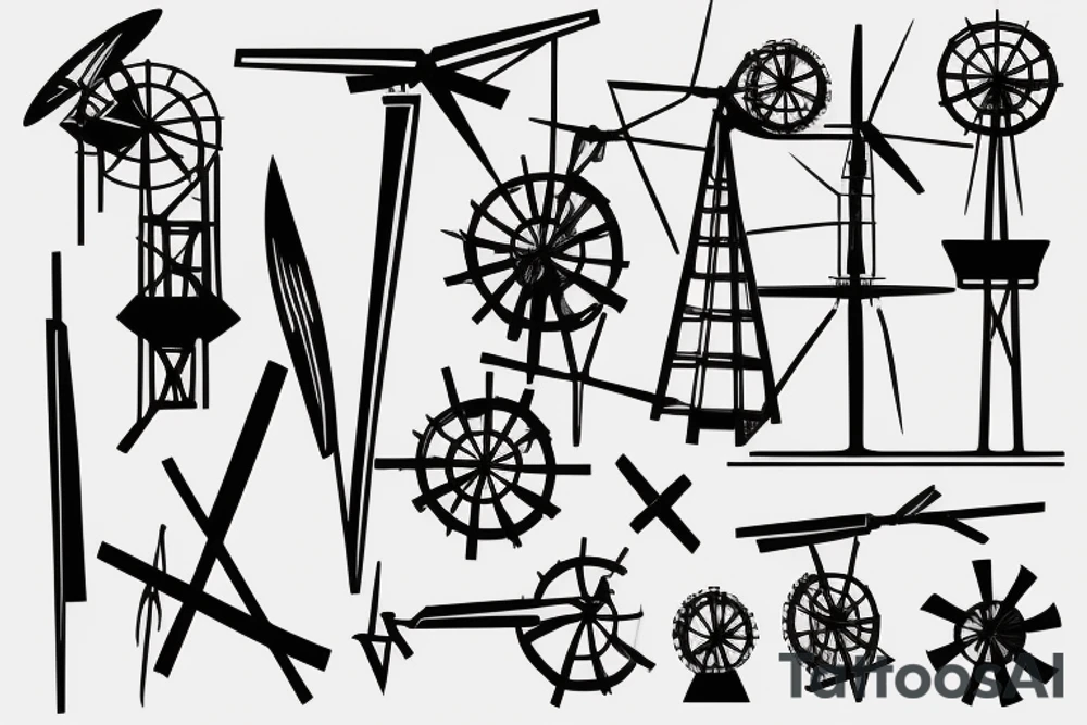 Brutalist windmill with x-shaped blades attached tattoo idea