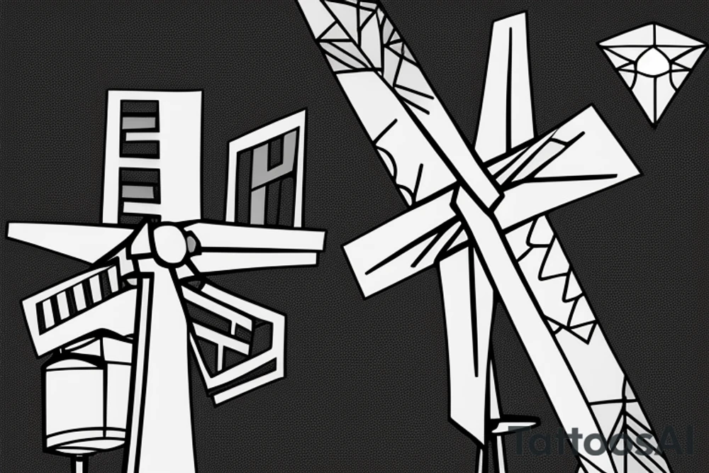 Brutalist windmill with x-shaped blades attached tattoo idea