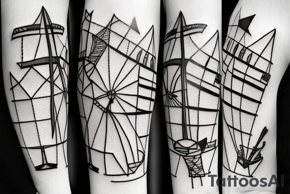 Brutalist windmill with still x-shape sails tattoo idea