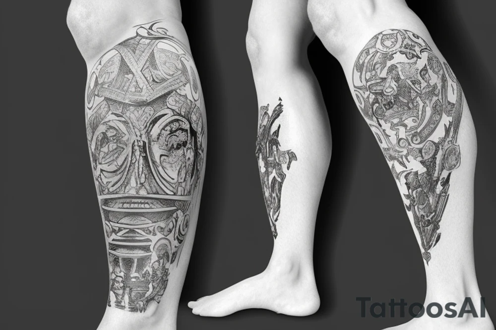 Roman Empire leg sleeve tattoo idea
