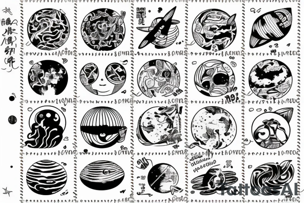 Fine line astronaut in japanese post stamp tattoo idea
