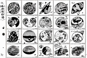 Fine line astronaut in japanese post stamp tattoo idea
