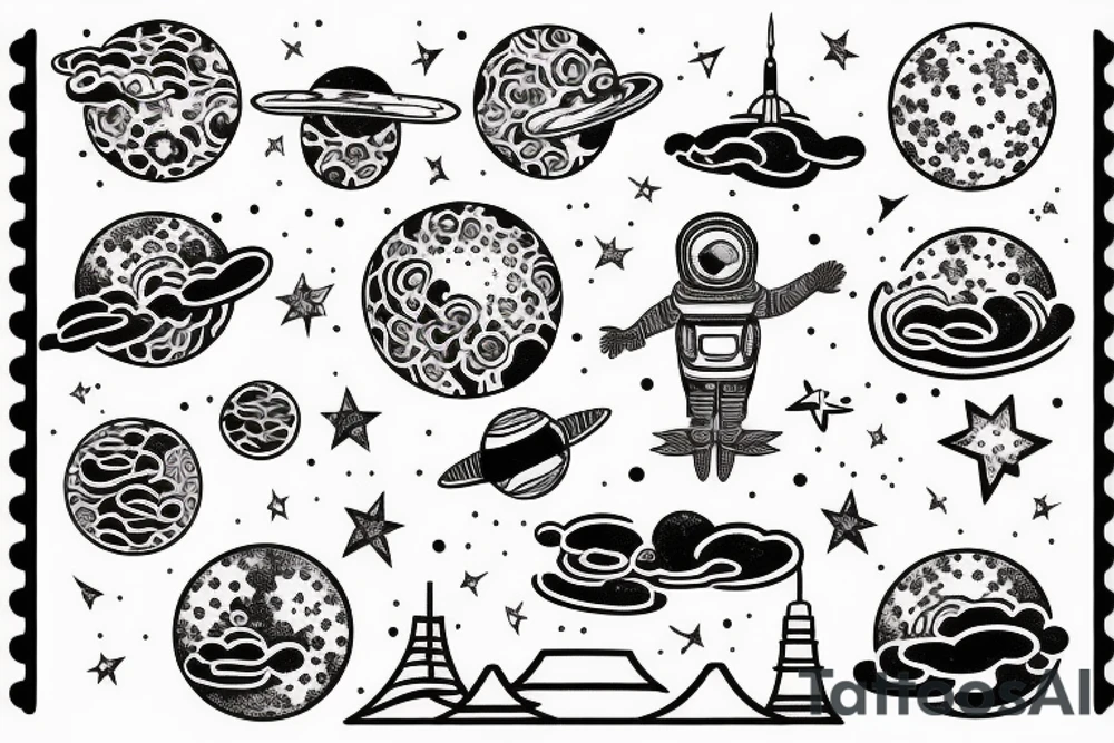 Fine line astronaut in japanese post stamp tattoo idea