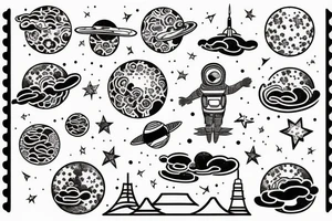 Fine line astronaut in japanese post stamp tattoo idea