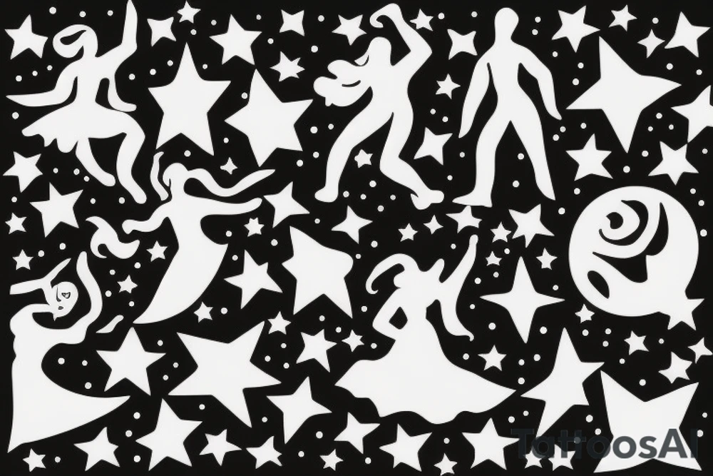 Dancing figures with stars in circle tattoo idea