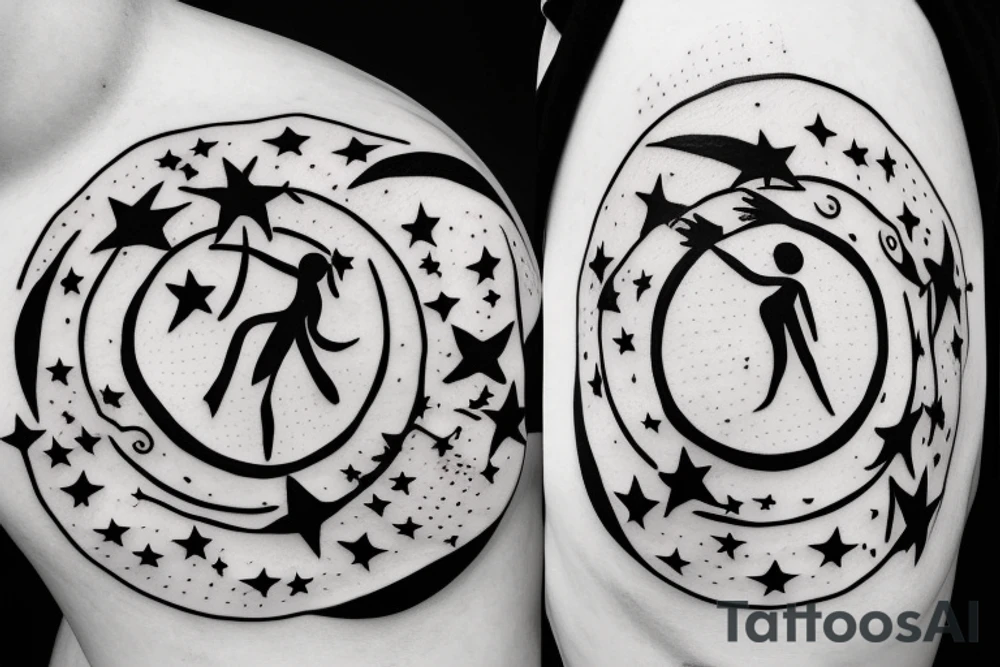 Dancing figures with stars in circle tattoo idea