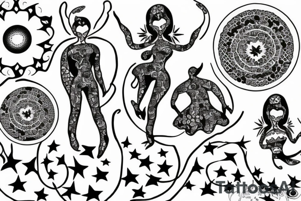 Dancing figures with stars in circle tattoo idea