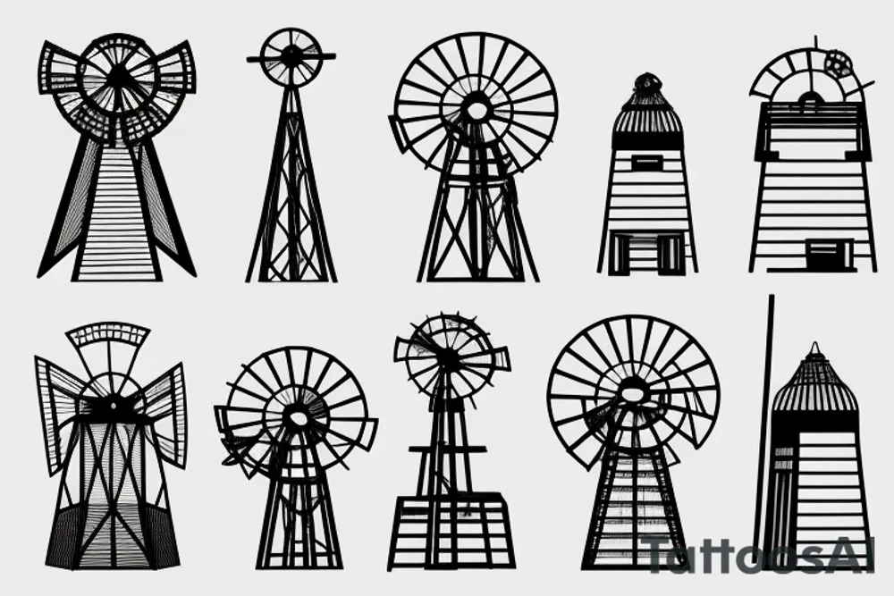 Brutalist windmill architectural shaded front view tattoo idea