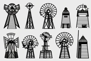 Brutalist windmill architectural shaded front view tattoo idea