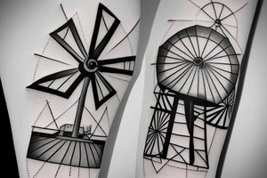Brutalist windmill architectural shaded front view clean ultra-minimalist with blades in x formation tattoo idea