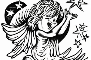 a crying little angel shooting a star from his bow tattoo idea