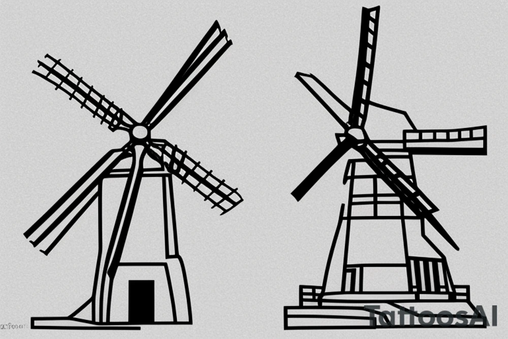 Front-facing brutalist windmill with ultra-minimalist lines, architectural shading, and its sails are still/stationary and currently in an x-formation. The windmill has one front and three windows above it. tattoo idea