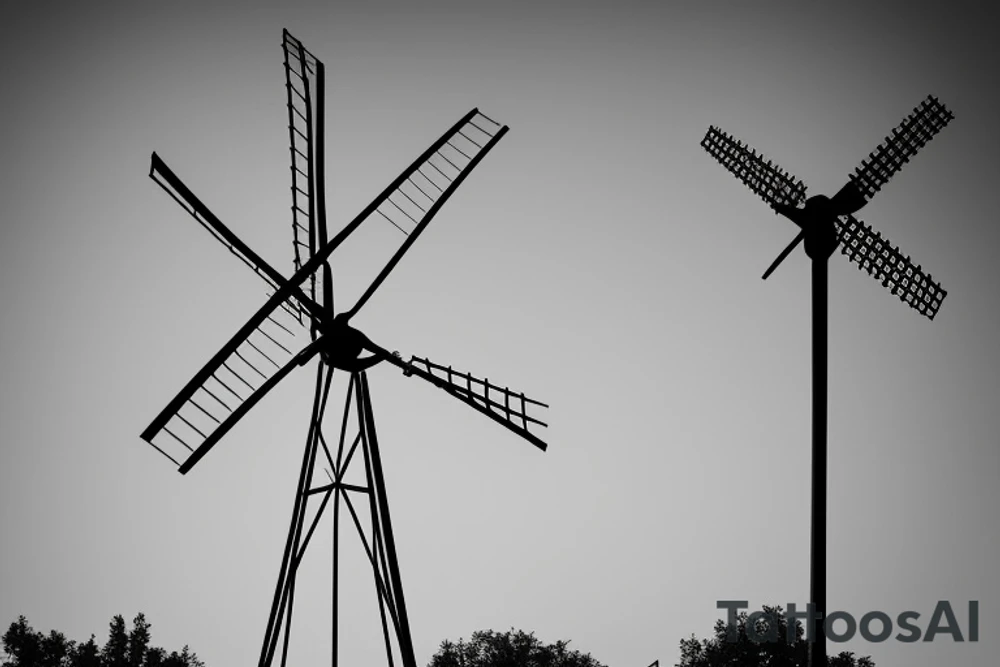 Front-facing brutalist windmill with ultra-minimalist lines, architectural shading, and its sails are still/stationary and currently in an x-formation. The windmill has one front and three windows above it. tattoo idea
