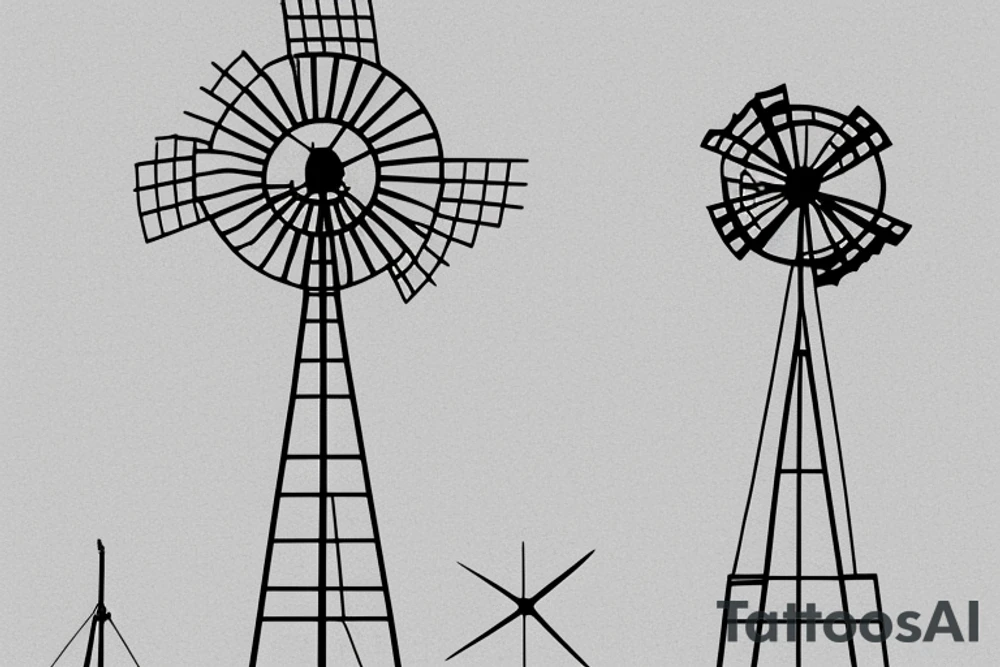Front-facing brutalist windmill with ultra-minimalist lines, architectural shading, and its four equal-length sails are still/stationary and currently in an x-formation. The windmill has one front door and three windows positioned above it. tattoo idea