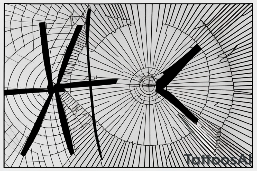 Front-facing brutalist windmill with ultra-minimalist lines, architectural shading, and its four equal-length sails are still/stationary and currently in an x-formation. The windmill has one front door and three windows positioned above it. tattoo idea