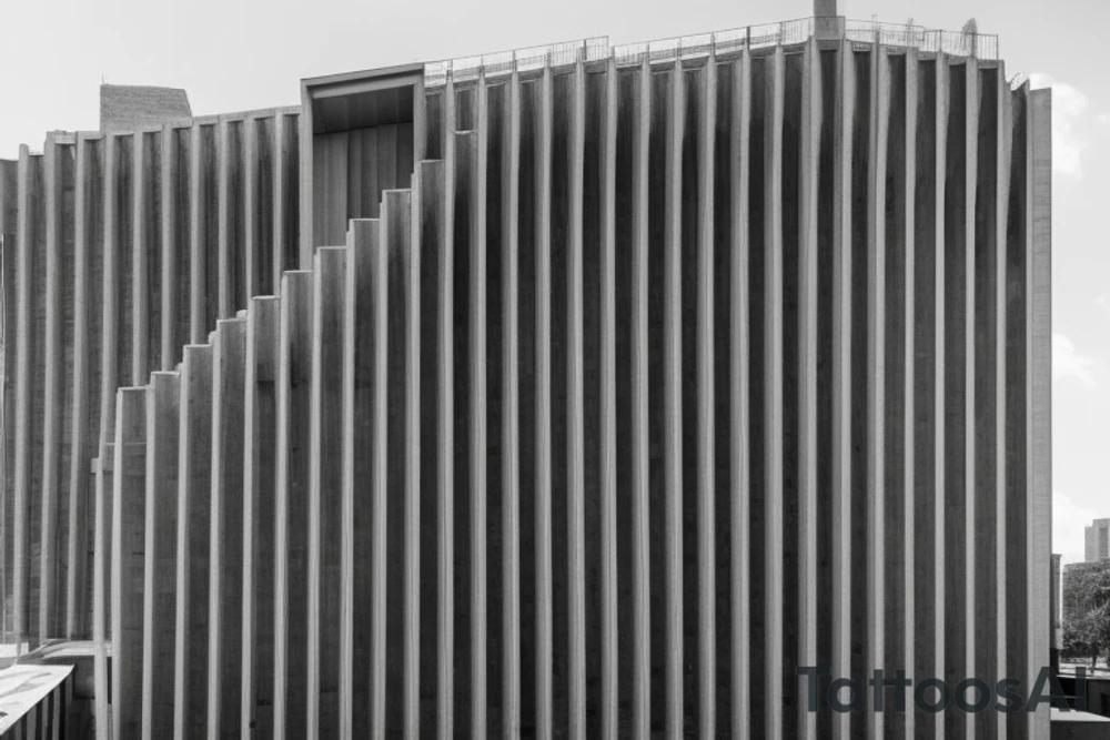 Front-facing brutalist, barbican-style windmill with ultra-minimalist lines, architecturally shaded front central door and three windows, and four equal-length, still/stationary sails in an x-formation. tattoo idea