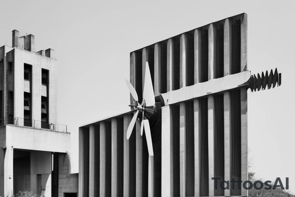 Front-facing brutalist, barbican-style windmill with ultra-minimalist lines, architecturally shaded front central door and three windows, and four equal-length, still/stationary sails in an x-formation. tattoo idea
