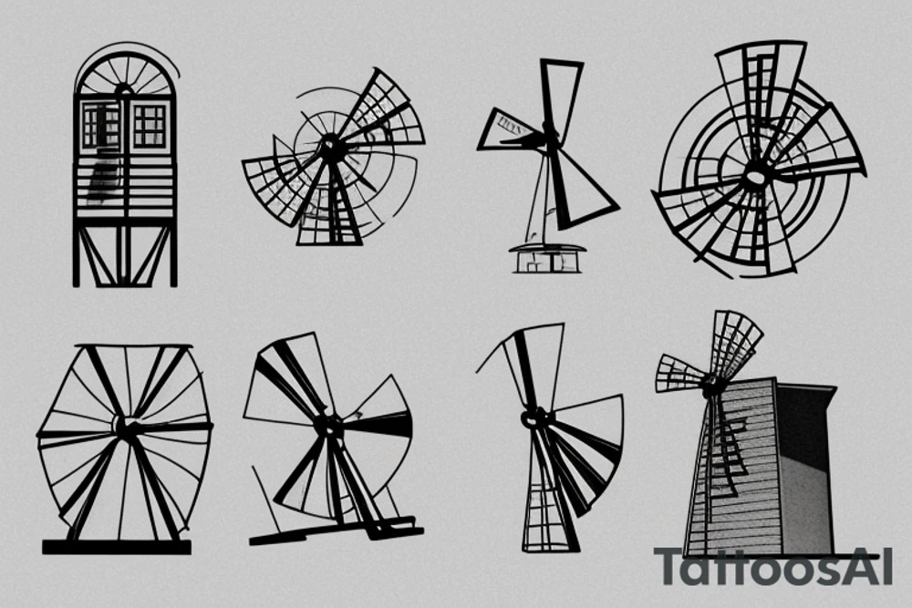 Front-facing brutalist, windmill with ultra-minimalist lines, architecturally shaded front central door and three windows, and four equal-length, still/stationary sails in an x-formation. tattoo idea