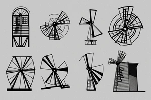 Front-facing brutalist, windmill with ultra-minimalist lines, architecturally shaded front central door and three windows, and four equal-length, still/stationary sails in an x-formation. tattoo idea