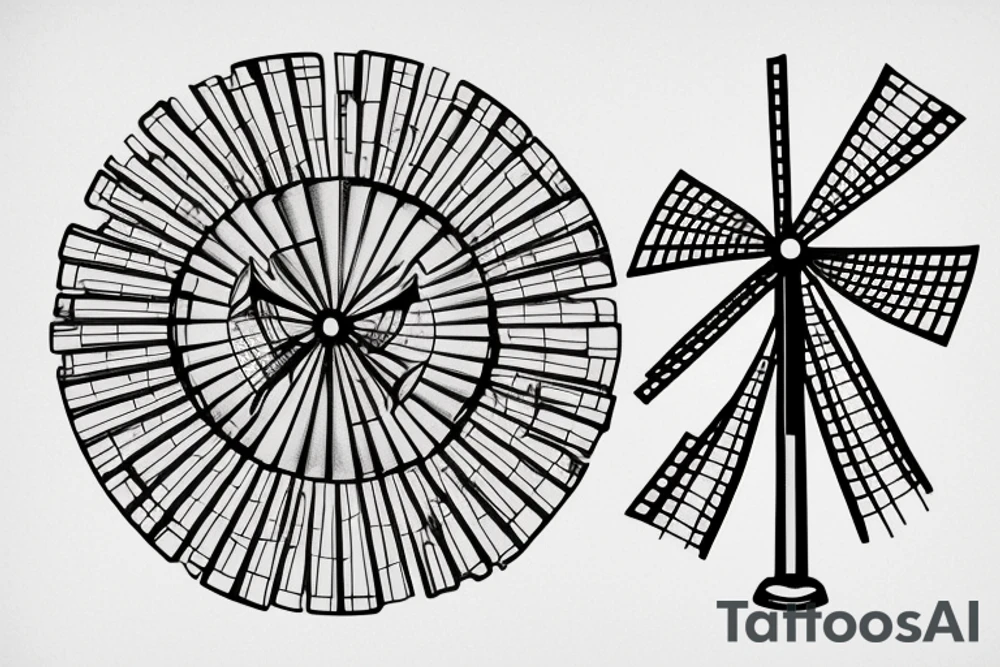 Front-facing brutalist windmill with shaded door and three windows, and four equal-length, still/stationary blades in an x-formation. tattoo idea