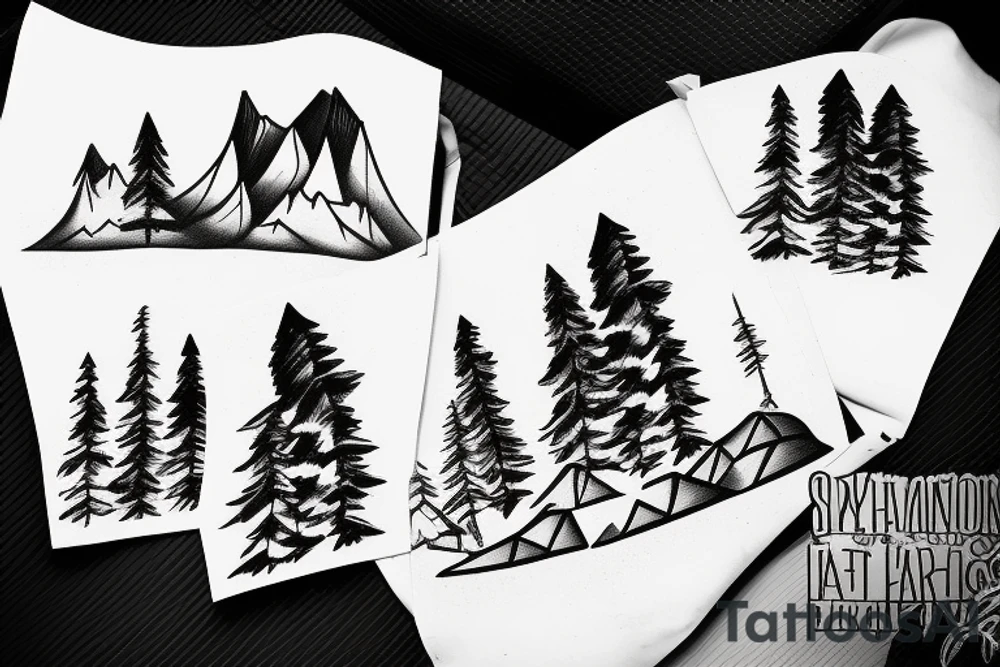 2 mountains with skiers on it with 3 tall trees infront with a small tent and a fire infront of those tattoo idea